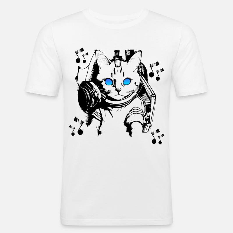 DJ Katze mit Kopfhörern - Männer Slim Fit T-Shirt - Weiß