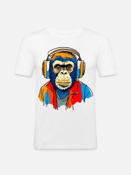 Singe avec casque - T-shirt près du corps Homme - blanc
