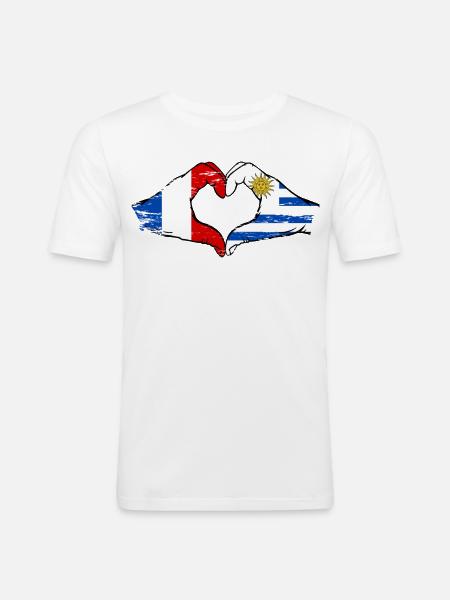 France Uruguay Flag Hands Heart Shape Used - Men's Slim Fit T-Shirt - white