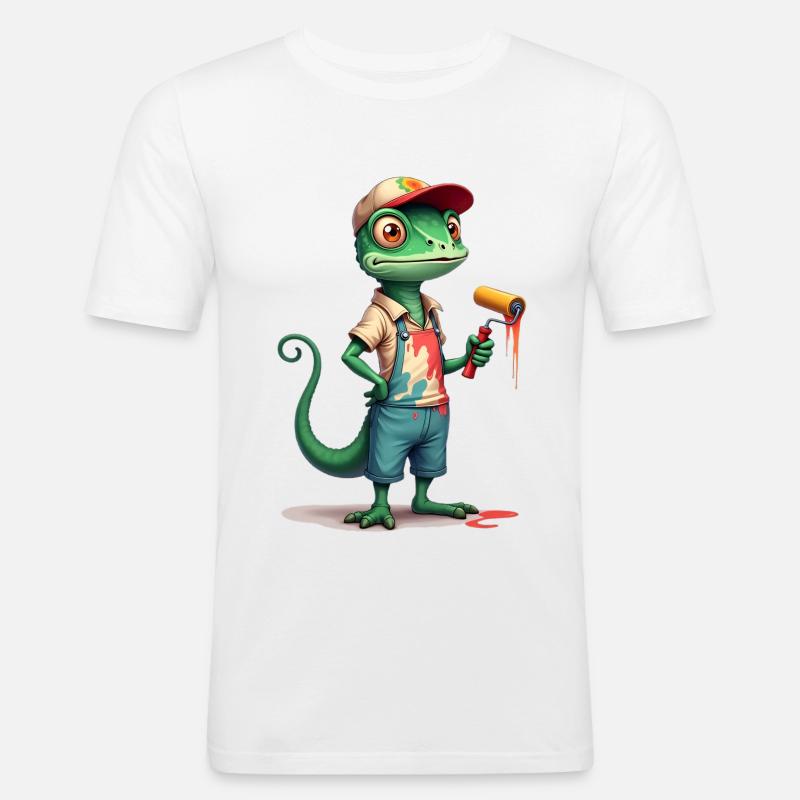 Chamäleon Maler Cartoon mit Farbroller - Männer Slim Fit T-Shirt - Weiß