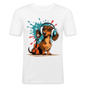 Teckel de musique d’hiver avec casque - T-shirt près du corps Homme - blanc - Devant - Nik (191cm)
