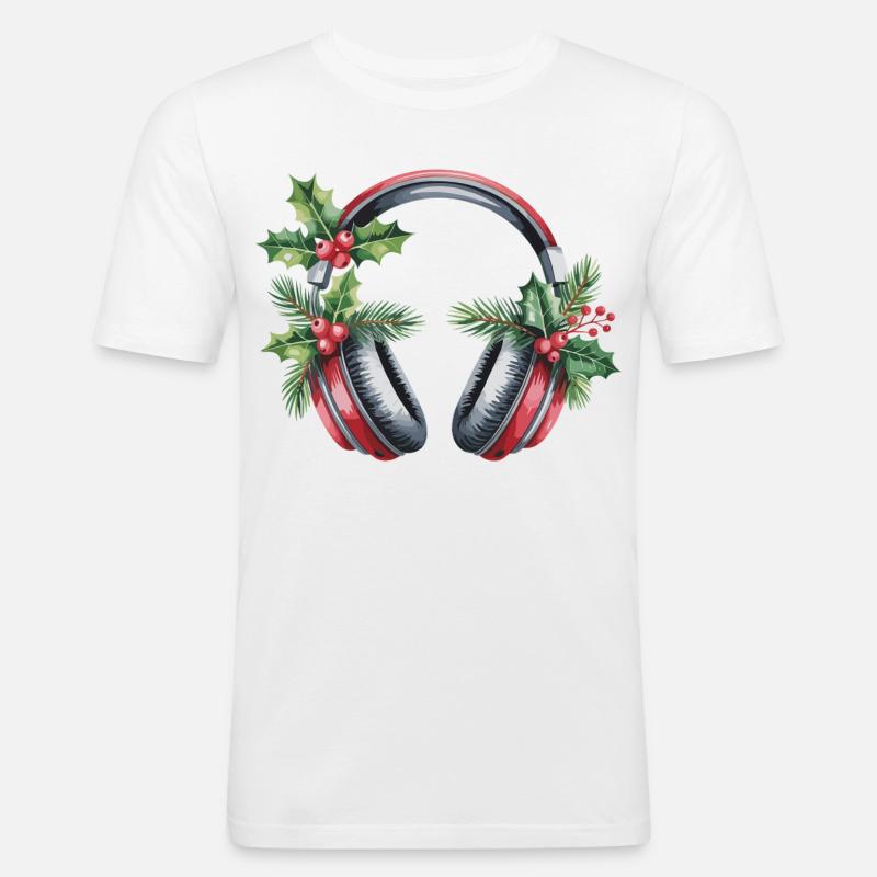 Weihnachtskopfhörer mit Tannengrün - Männer Slim Fit T-Shirt - Weiß