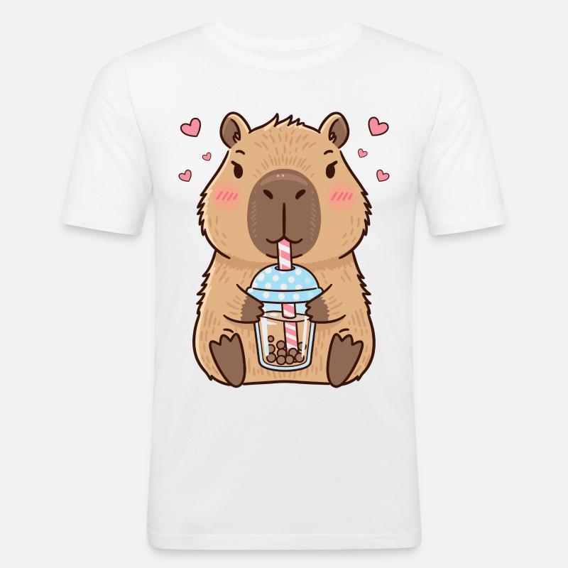 Kapibara Bubble Tea Kawaii - Obcisła koszulka męska - biały