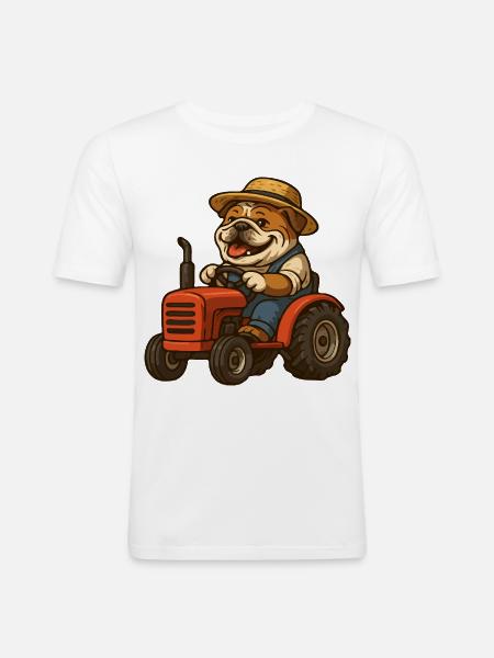 Cute Bulldog Farmer Driving Red Tractor Cartoon - Men's Slim Fit T-Shirt - white
