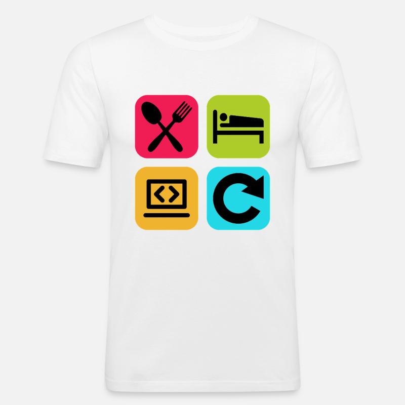 Essen, schlaf, Programm wiederholen, lustiger Zitatcode - Männer Slim Fit T-Shirt - Weiß