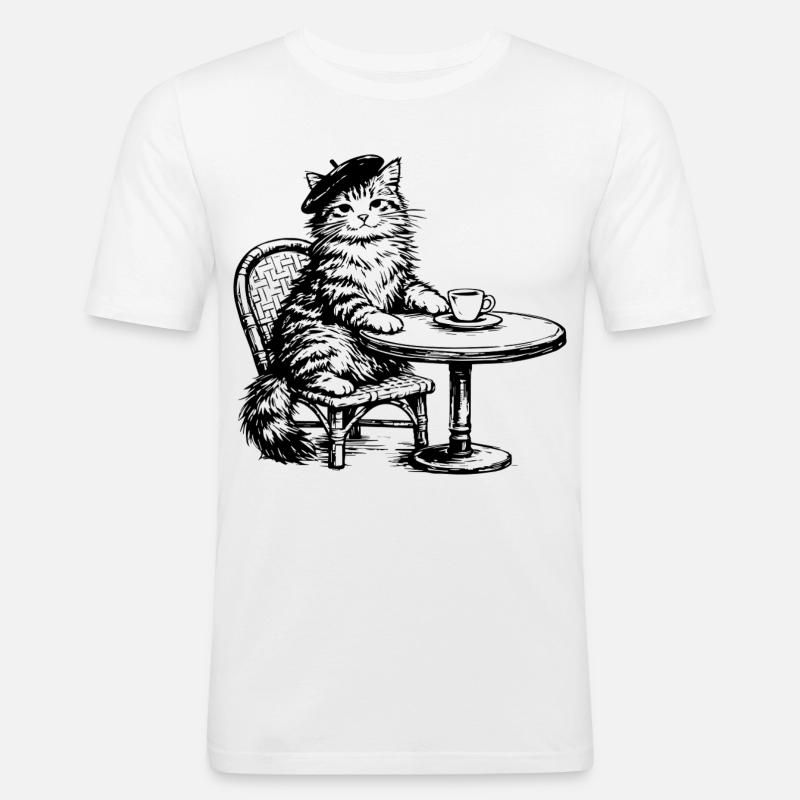 Gatto con Basco al Caffè - Design Retro Vintage - Maglietta aderente da uomo - bianco