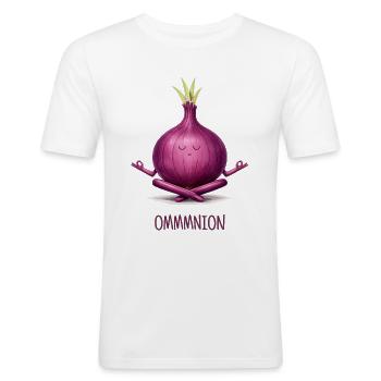 OMMMNION – Meditierende Zwiebel - Männer Slim Fit T-Shirt - Weiß - Vorne - Nik (191cm)