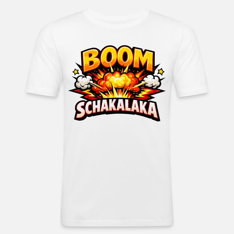 Boom Schakalaka Comic Spruch mit Explosion - Männer Slim Fit T-Shirt - Weiß