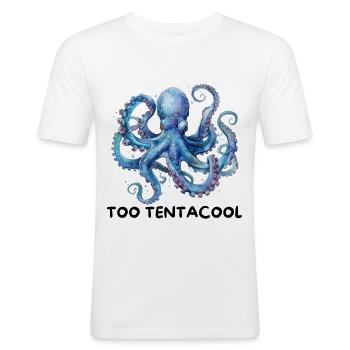 Aquarell Oktopus in Blau – Meeresmotiv - Männer Slim Fit T-Shirt - Weiß - Vorne - Nik (191cm)