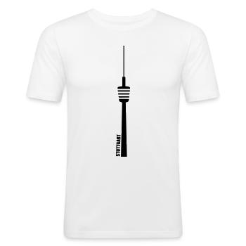 Fernsehturm Stuttgart 0711 City Umrisse Schriftzug - Männer Slim Fit T-Shirt - Weiß - Vorne - Nik (191cm)