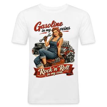 Retro Pin-up Hot Rod: Gasoline & Rock n Roll Soul - Männer Slim Fit T-Shirt - Weiß - Vorne - Nik (191cm)