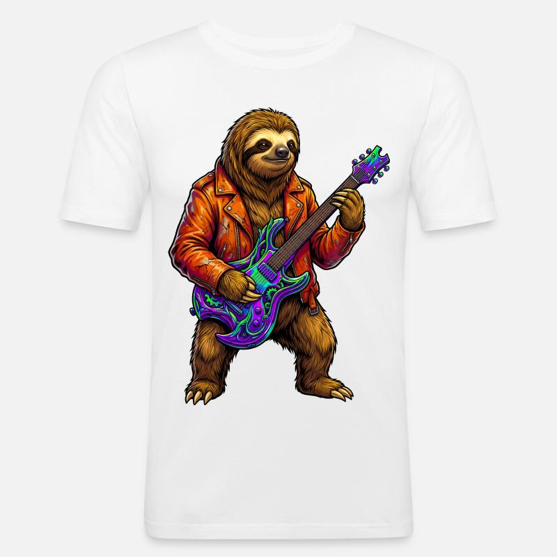 Faultier in Lederjacke mit Neon E-Gitarre - Männer Slim Fit T-Shirt - Weiß
