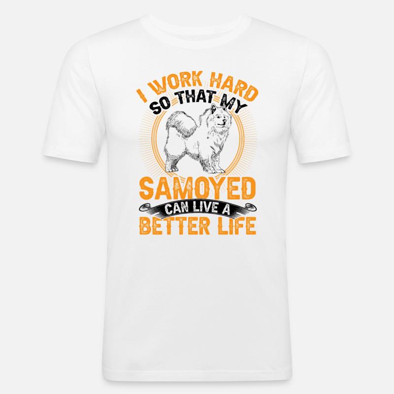 Samojede arbeite hart Samojedenspitz - Männer Slim Fit T-Shirt - Weiß