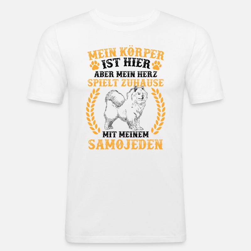 Samojede spielt zuhause Samojedenspitz - Männer Slim Fit T-Shirt - Weiß