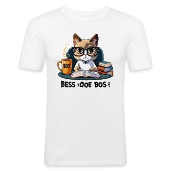 Coffee Break Tales: Eine skurrile Katze am Schreibtisch - Männer Slim Fit T-Shirt - Weiß - Vorne - Nik (191cm)