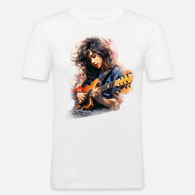 Hübsche Junge Frau spielt E-Gitarre - Männer Slim Fit T-Shirt - Weiß