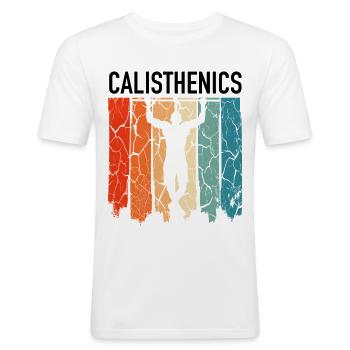 Calisthenics handstand - Mannen slim fit T-shirt - wit - Voor - Nik (191cm)