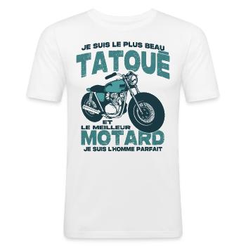 Le meilleur motard et le le plus beau tatoué - T-shirt près du corps Homme - blanc - Devant - Nik (191cm)