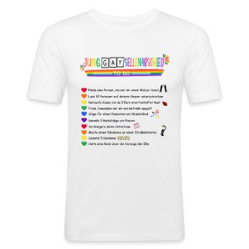 JGA Aufgaben Gay / schwul - Männer Slim Fit T-Shirt - Weiß - Vorne - Nik (191cm)