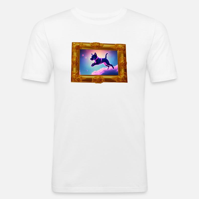 Fliegender Synthwave-Weltraumwelpe - Männer Slim Fit T-Shirt - Weiß