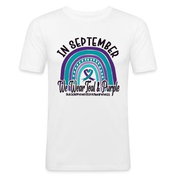 En septembre, nous portons du sarcelle et du violet - T-shirt près du corps Homme - blanc - Devant - Nik (191cm)