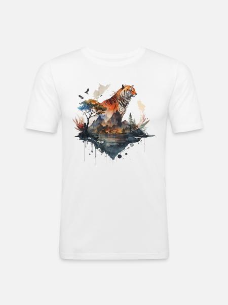 Tiger Dyr Gave Man Art Farverigt Dyremotiv - Herre Slim Fit T-Shirt - hvid