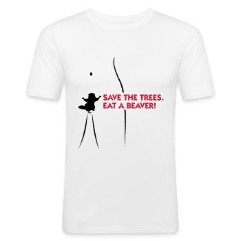 Sauver les arbres. Mangez un castor. - T-shirt près du corps Homme - blanc - Devant - Nik (191cm)
