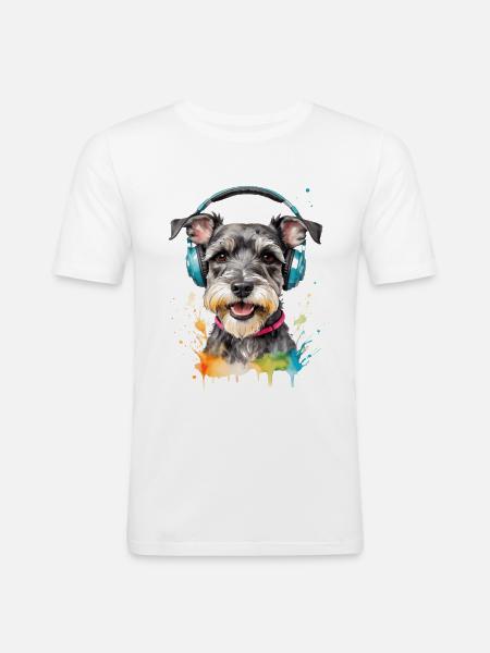Miniature Schnauzer Headphones Dog Funny Design Print - Men's Slim Fit T-Shirt - white