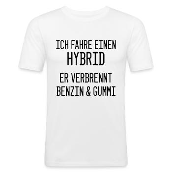 Hybrid Power: Benzin & Gummi verbrennen - Männer Slim Fit T-Shirt - Weiß - Vorne - Nik (191cm)