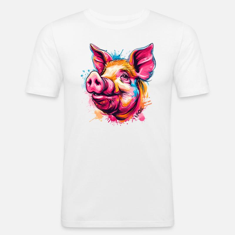 Buntes Farbspritzer Schwein - Männer Slim Fit T-Shirt - Weiß