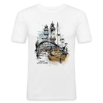 Warnemünde Teepott Szene - Männer Slim Fit T-Shirt - Weiß - Vorne - Nik (191cm)