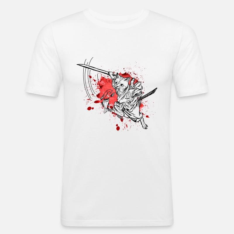 Chat samouraï mignon avec épée et poisson, éclaboussures - T-shirt près du corps Homme - blanc