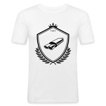 Auspuff Tuning Wappen - Männer Slim Fit T-Shirt - Weiß - Vorne - Nik (191cm)