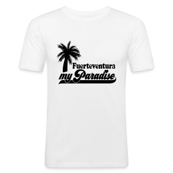 Farbe änderbar | Fuerteventura my Paradise - Männer Slim Fit T-Shirt - Weiß - Vorne - Nik (191cm)