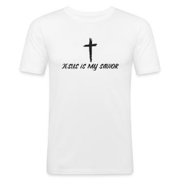 Jesus är min Frälsare - Kristendom Tro - Slim Fit T-shirt herr - vit - Fram - Nik (191cm)