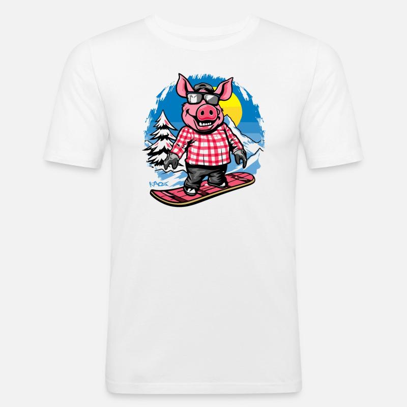 Snowboard su Snowboard, Snowboarder Pig - Maglietta aderente da uomo - bianco
