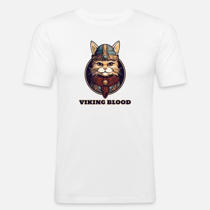 Wikingerkatze mit Wikingerhelm und Wikingerblut - Männer Slim Fit T-Shirt - Weiß