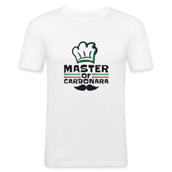 Cuisinier Cuisine Spaghetti Maître de Carbonara - T-shirt près du corps Homme - blanc - Devant - Nik (191cm)