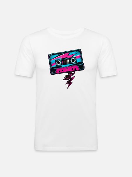 B-Seite: Retro-Kassette und Musikstrahl - Männer Slim Fit T-Shirt - Weiß