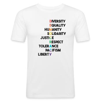 Demokratie - Gleichheit - Menschenrechte - Männer Slim Fit T-Shirt - Weiß - Vorne - Nik (191cm)