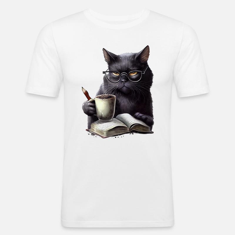 Schwarze Katze Liest Buch - Männer Slim Fit T-Shirt - Weiß
