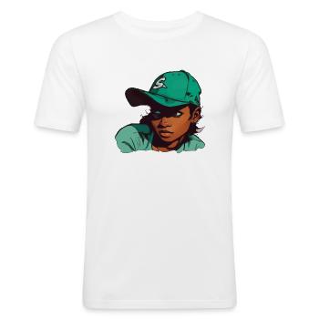 Fille à la peau claire en chapeau de baseball - T-shirt près du corps Homme - blanc - Devant - Nik (191cm)
