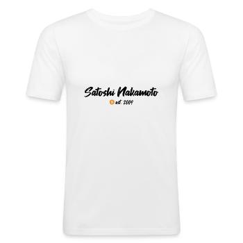 Satoshi Nakamoto est. 2009 Blockchain Bitcoin - Männer Slim Fit T-Shirt - Weiß - Vorne - Nik (191cm)