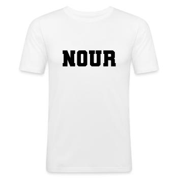 Name - Nour - Männer Slim Fit T-Shirt - Weiß - Vorne - Nik (191cm)