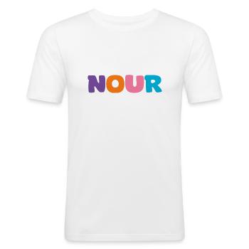 Name - Nour - Männer Slim Fit T-Shirt - Weiß - Vorne - Nik (191cm)