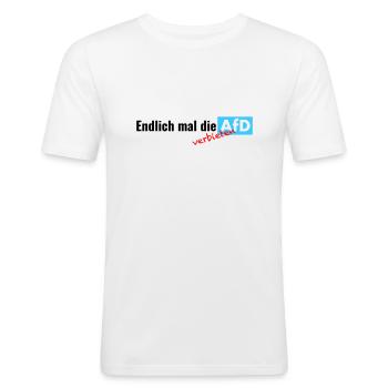 Endlich mal die AfD - verbieten - Männer Slim Fit T-Shirt - Weiß - Vorne - Nik (191cm)