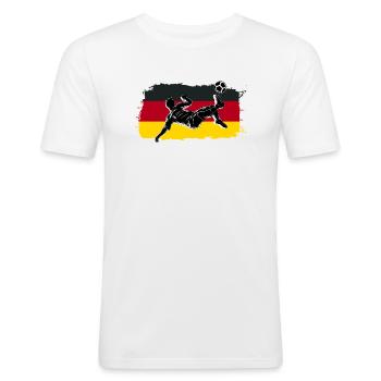 Fußball Weltmeister 2022 Fan Deutschland - Männer Slim Fit T-Shirt - Weiß - Vorne - Nik (191cm)