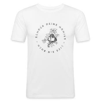 Schock deine Homies - lies ein Buch - Männer Slim Fit T-Shirt - Weiß - Vorne - Nik (191cm)