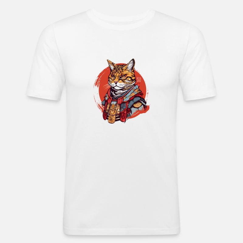 Samurai-Katze - Männer Slim Fit T-Shirt - Weiß