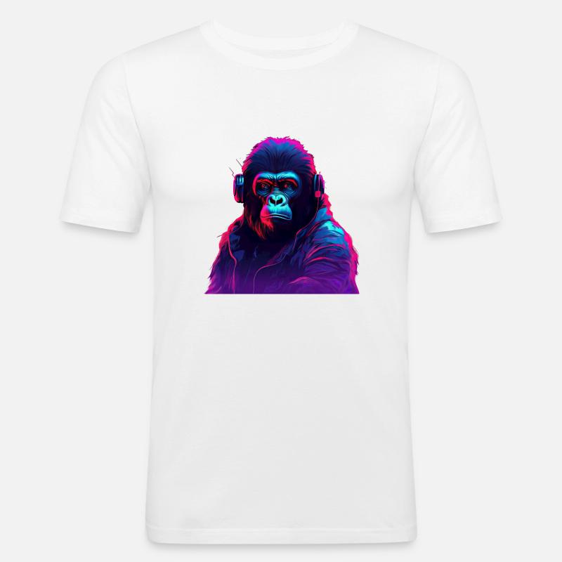 Synthwave-Neon-Beats eines Gorillas - Männer Slim Fit T-Shirt - Weiß